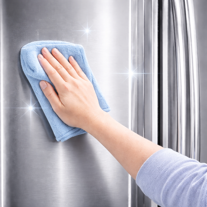 Polissage du revêtement céramique BLITZ sur une porte de réfrigérateur en acier inoxydable avec un linge en microfibre, pour un fini brillant sans traces