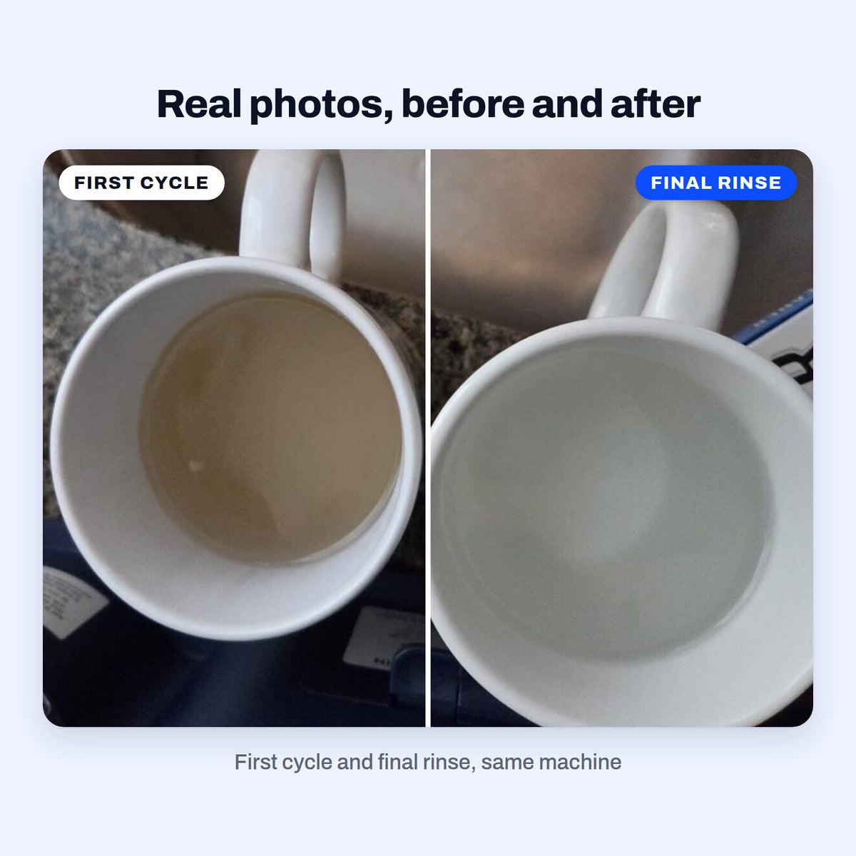 Real photo of a mug of yellowish water from the first cleaning cycle next to a mug of clear water from the final rinse, cleaning with BLITZ Coffee Maker Cleaner