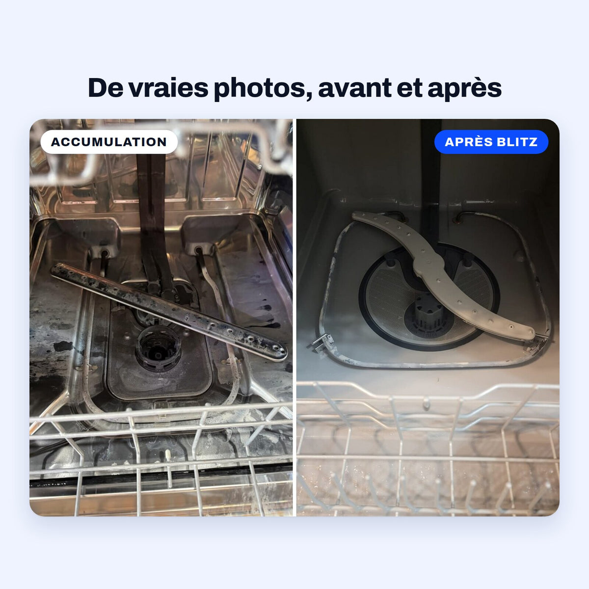 Vraies photos de graisse et de tartre blanc au fond d’un lave-vaisselle en inox, et d’un lave-vaisselle propre après le nettoyant pour lave-vaisselle BLITZ