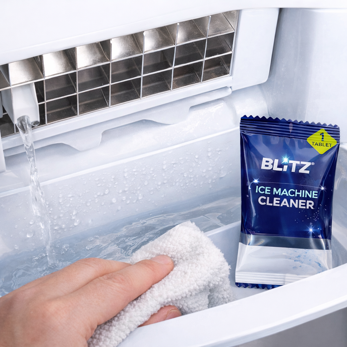 Intérieur d'une machine à glaçons essuyé avec un linge pendant le rinçage à l'eau fraîche, à côté du sachet de nettoyant pour machine à glaçons BLITZ