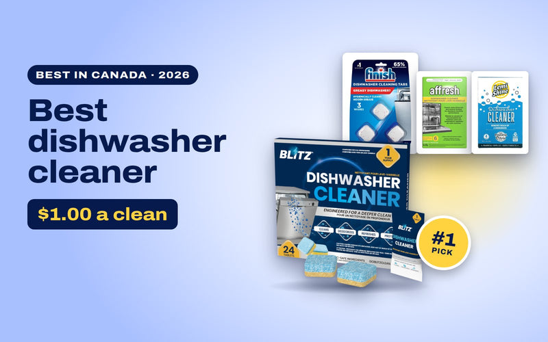 BLITZ Dishwasher Cleaner as the top pick, in front of Finish, Affresh and Lemi Shine dishwasher cleaners, with $1.00 a clean