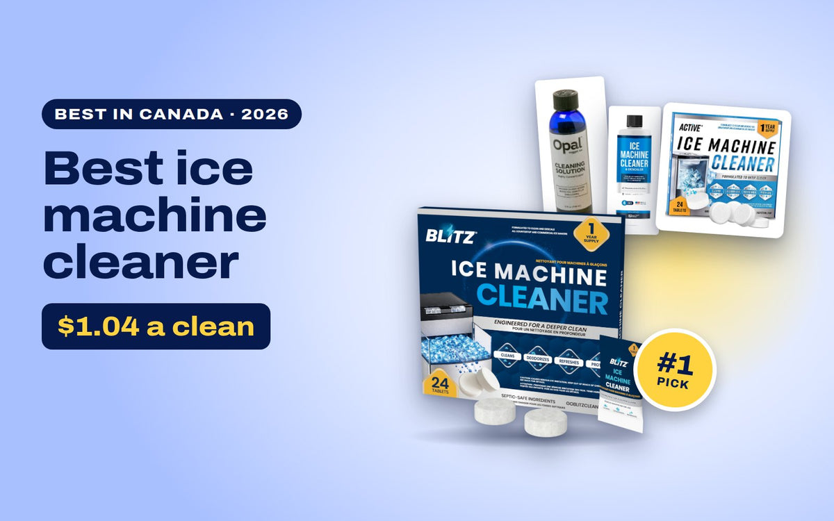 BLITZ Ice Machine Cleaner tablets as the top pick, in front of GE Opal, Essential Values and ACTIVE ice machine cleaners