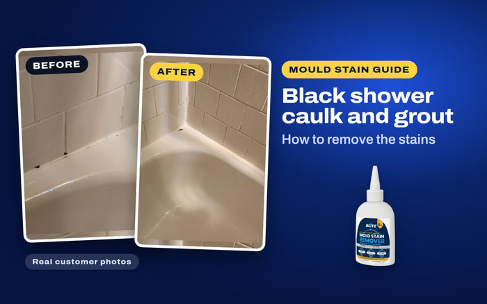 Real customer photos of black tub caulk before and after blitz mold stain remover, next to BLITZ Mold Stain Remover