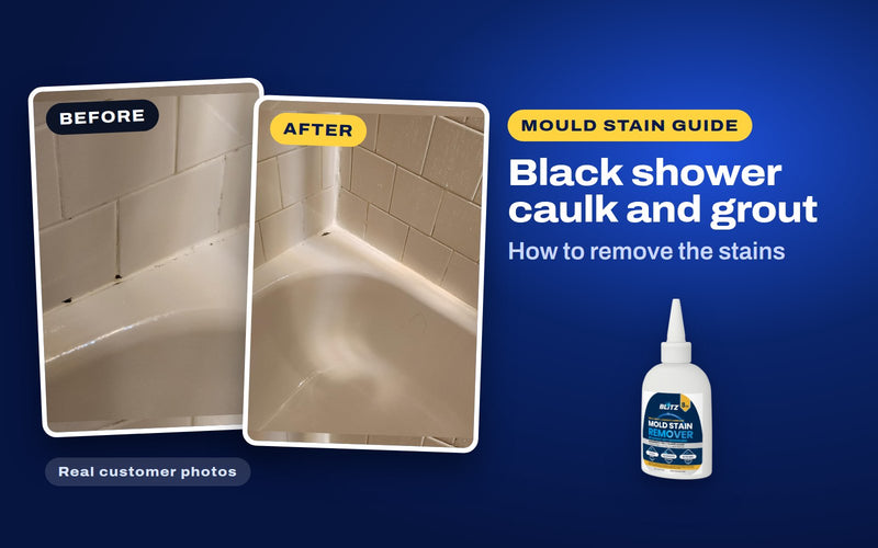 Real customer photos of black tub caulk before and after blitz mold stain remover, next to BLITZ Mold Stain Remover