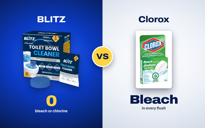 BLITZ Automatic Toilet Bowl Cleaner, with no bleach or chlorine, next to a Clorox Automatic Toilet Bowl Cleaner puck with bleach