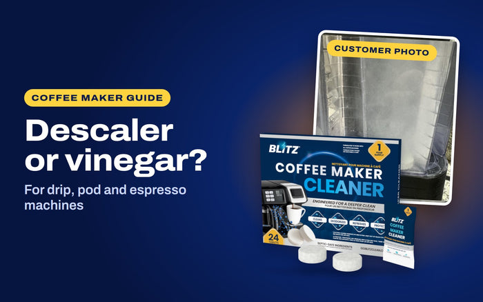 Descaler or vinegar: BLITZ Coffee Maker Cleaner in front of a customer photo of a BLITZ tablet dissolving in a coffee maker reservoir