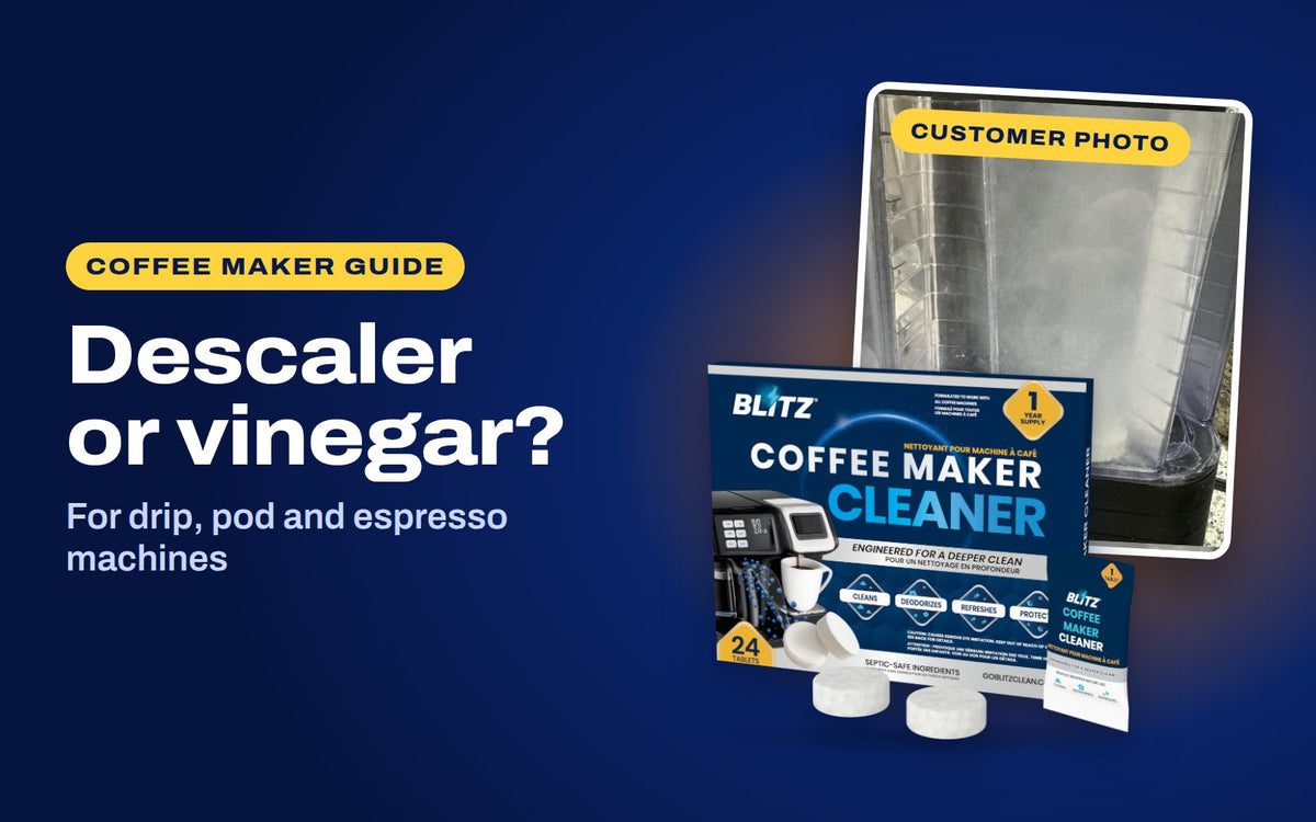 Descaler or vinegar: BLITZ Coffee Maker Cleaner in front of a customer photo of a BLITZ tablet dissolving in a coffee maker reservoir