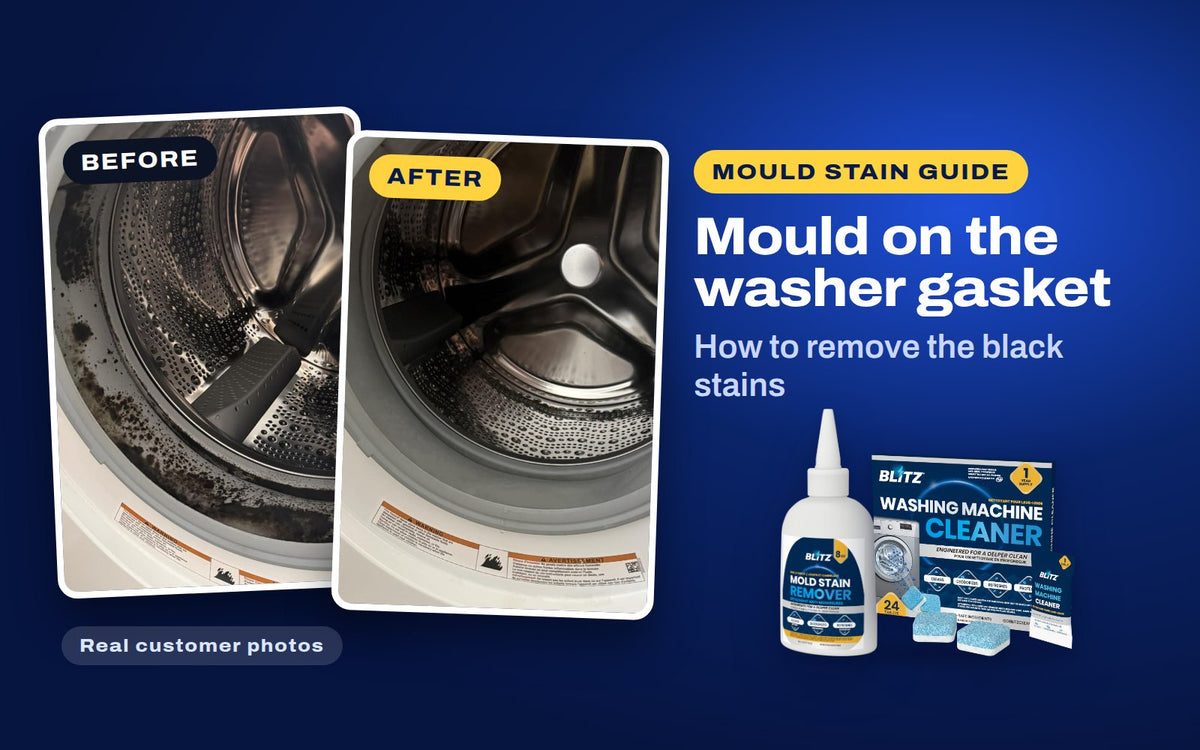 Real customer photos of a front-load washer gasket before and after blitz mold stain remover, next to BLITZ Mold Stain Remover and BLITZ Washing Machine Cleaner