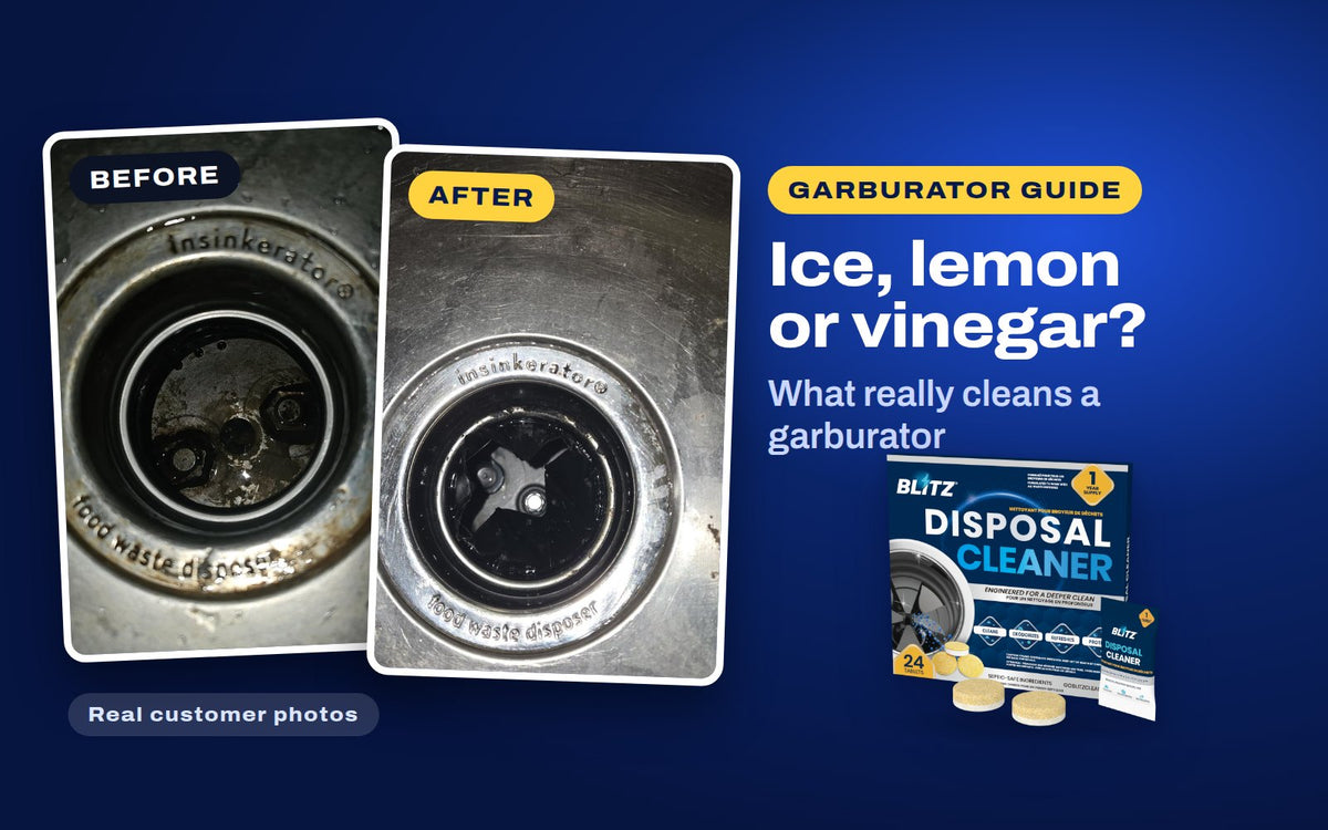 Real customer photos of a garburator drain before and after a blitz disposal cleaner tablet, next to BLITZ Disposal Cleaner