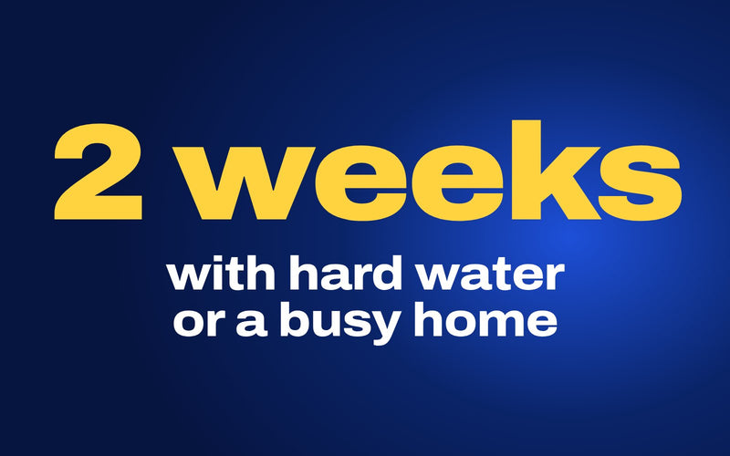 BLITZ cover for the washer cleaning schedule guide: 2 weeks in big yellow type, the drum-cleaning interval we advise with hard water or a busy home (makers ask at least monthly)