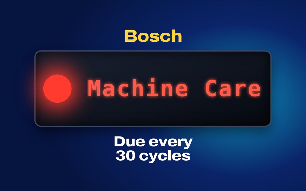 BLITZ cover for the Bosch dishwasher guide: a lit Machine Care symbol on a display panel, with the line Due every 30 cycles, as Bosch recommends