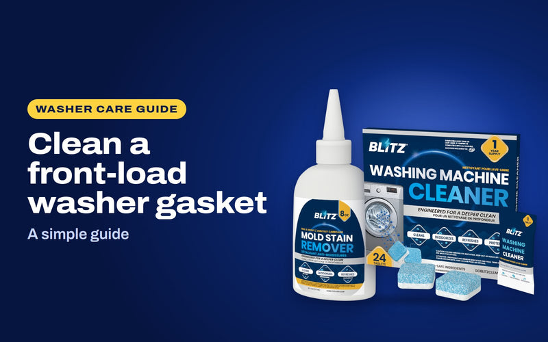 Clean a front-load washer gasket: BLITZ Mold Stain Remover and BLITZ Washing Machine Cleaner
