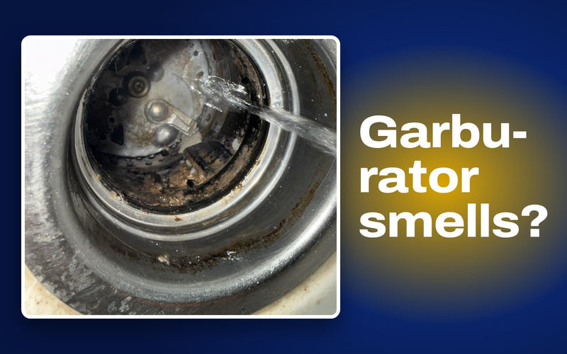 Real photo of dark residue on a garburator sink flange and chamber, where the smell comes from