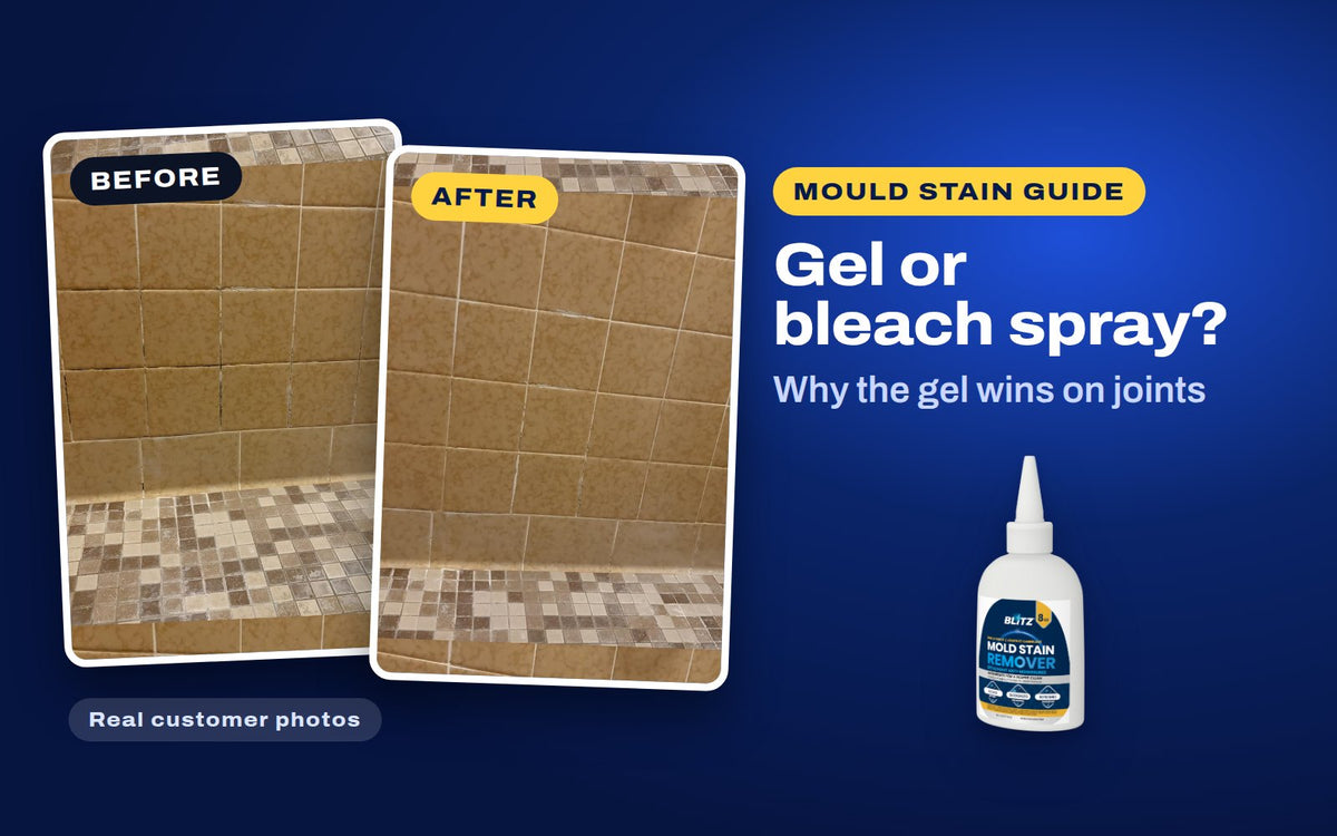 Real customer photos of shower grout before and after blitz mold stain remover, next to BLITZ Mold Stain Remover