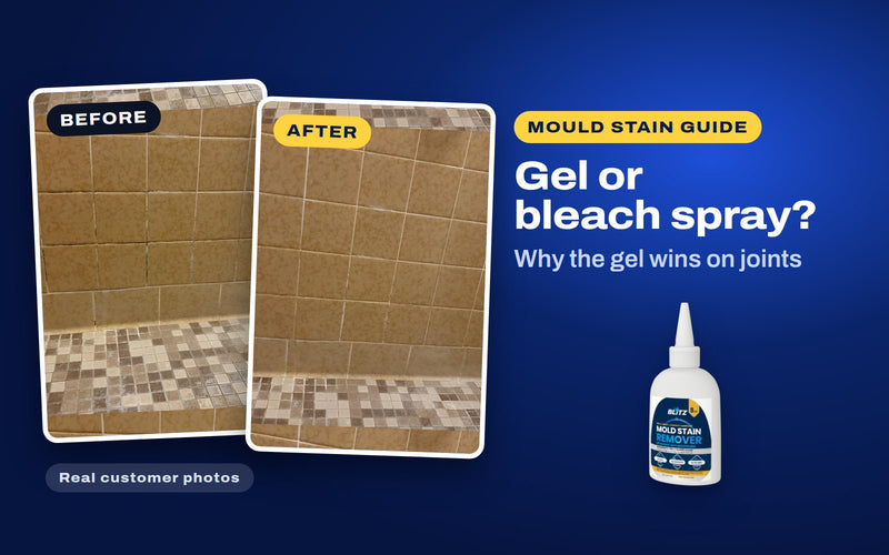 Real customer photos of shower grout before and after blitz mold stain remover, next to BLITZ Mold Stain Remover