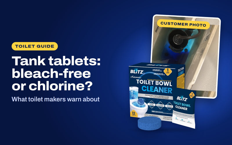 Tank tablets: bleach-free or chlorine: BLITZ Automatic Toilet Bowl Cleaner in front of a customer photo of a BLITZ tablet turning the toilet tank water blue