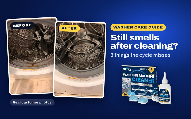 Real customer photos of a front-load washer door seal before and after cleaning, next to BLITZ Washing Machine Cleaner and Mold Stain Remover