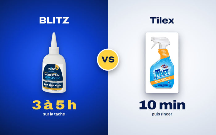 Gel détachant de moisissure BLITZ, laissé 3 à 5 heures sur la tache, à côté d’un vaporisateur Tilex Mold & Mildew, rincé après 10 minutes