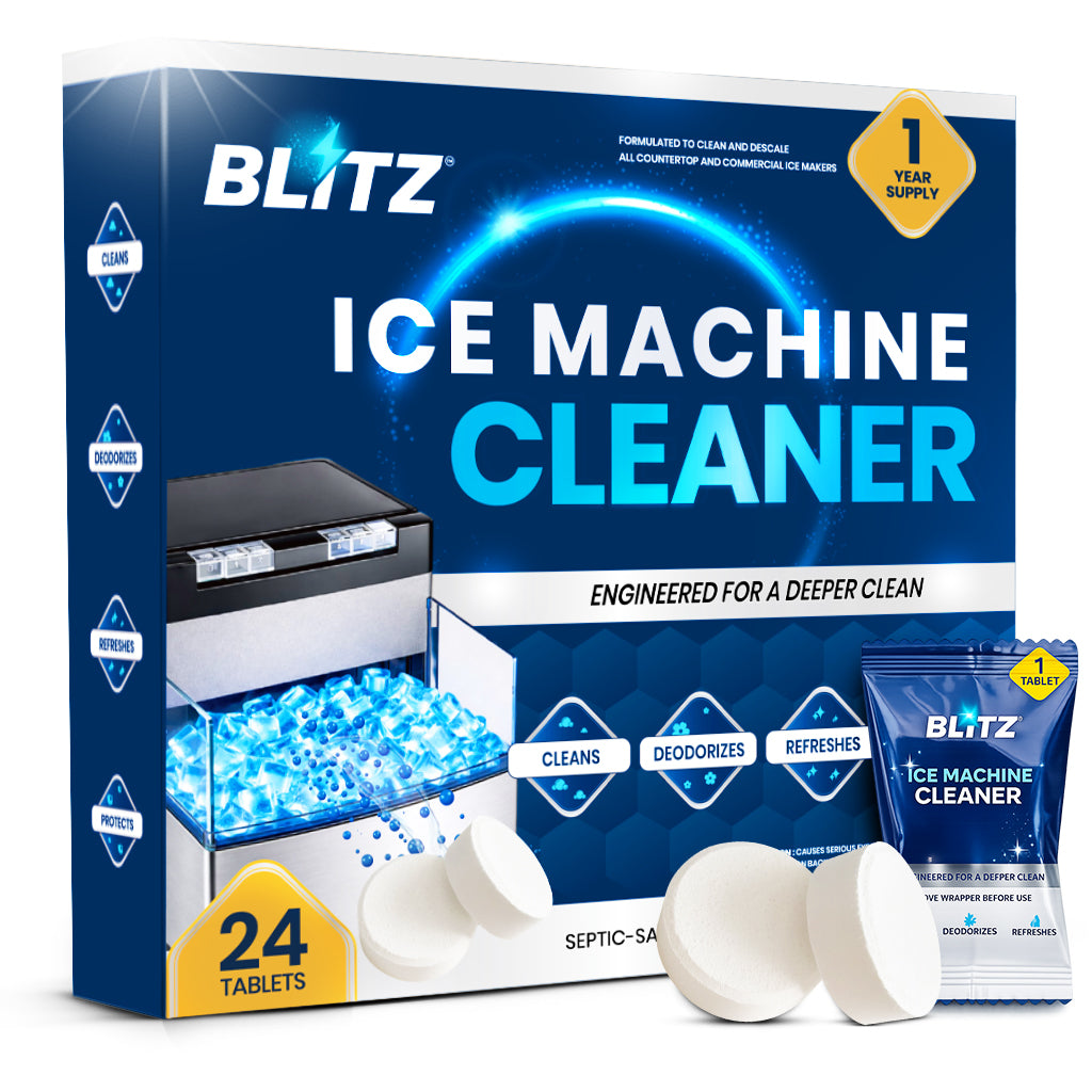 GOBLITZCLEAN BLITZ Ice Machine Cleaner bottle for appliances cleaning, with label and cleaning instructions visible.