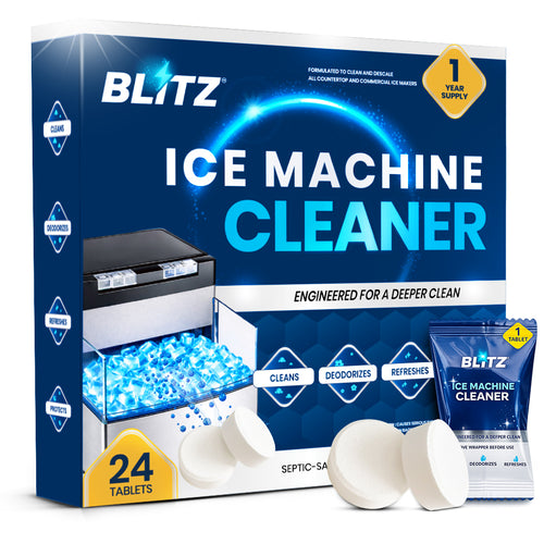 GOBLITZCLEAN BLITZ Ice Machine Cleaner bottle for appliances cleaning, with label and cleaning instructions visible.