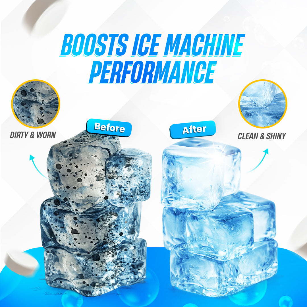 GOBLITZCLEAN BLITZ Ice Machine Cleaner for appliances, showing a bottle of cleaner with ice machine parts in the background