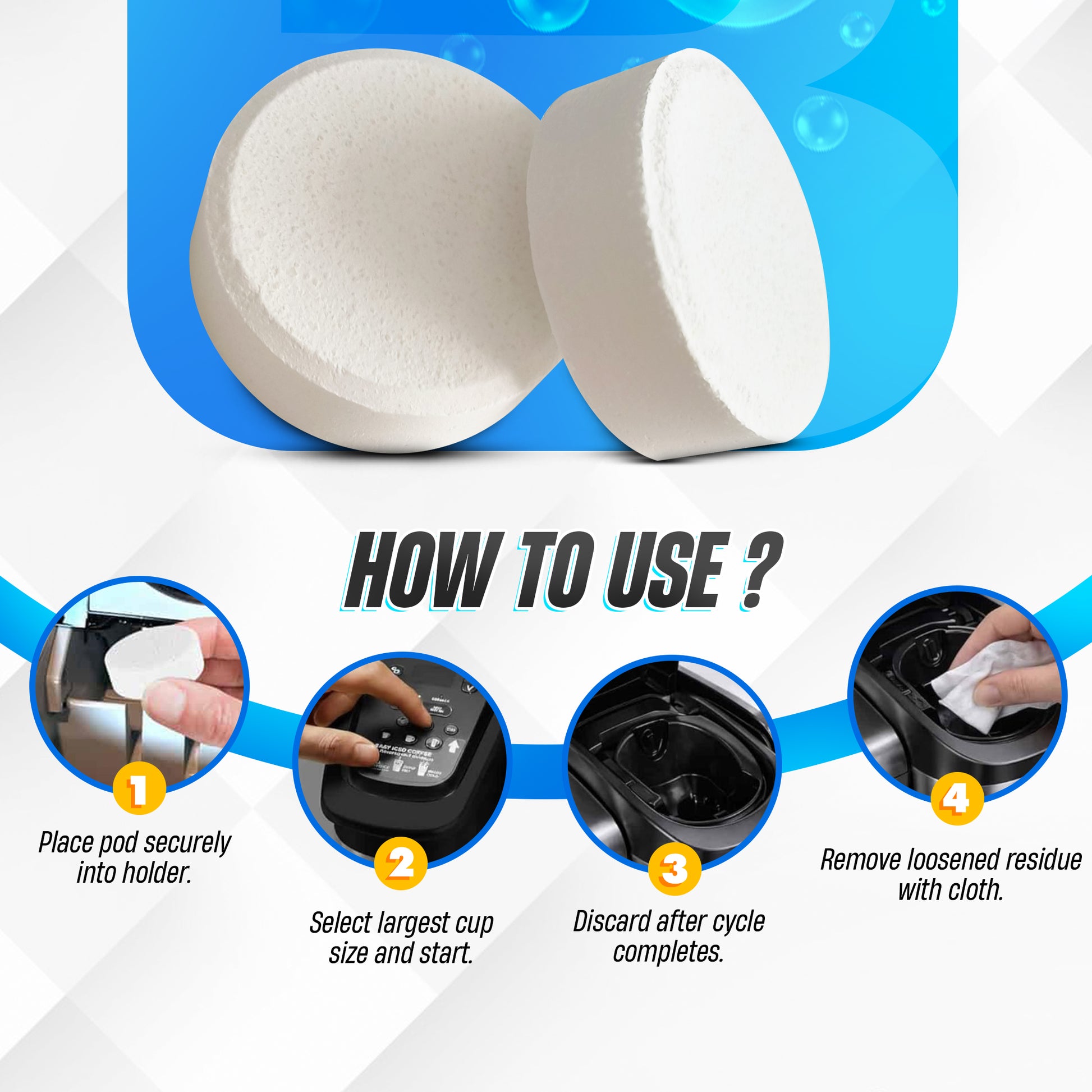 GOBLITZCLEAN Blitz coffee maker cleaner tablets for appliances, showing clean and fresh coffee machine in use.