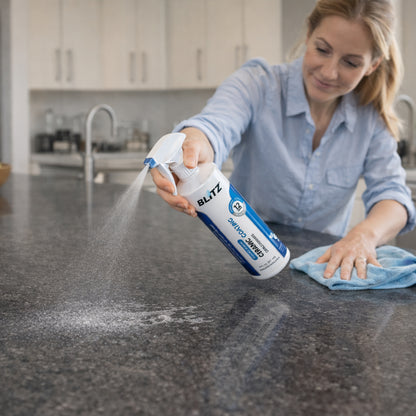 GOBLITZCLEAN BLITZ Home Ceramic Coating Spray Kit for appliances, shown next to a clean toilet bowl in a bathroom setting.