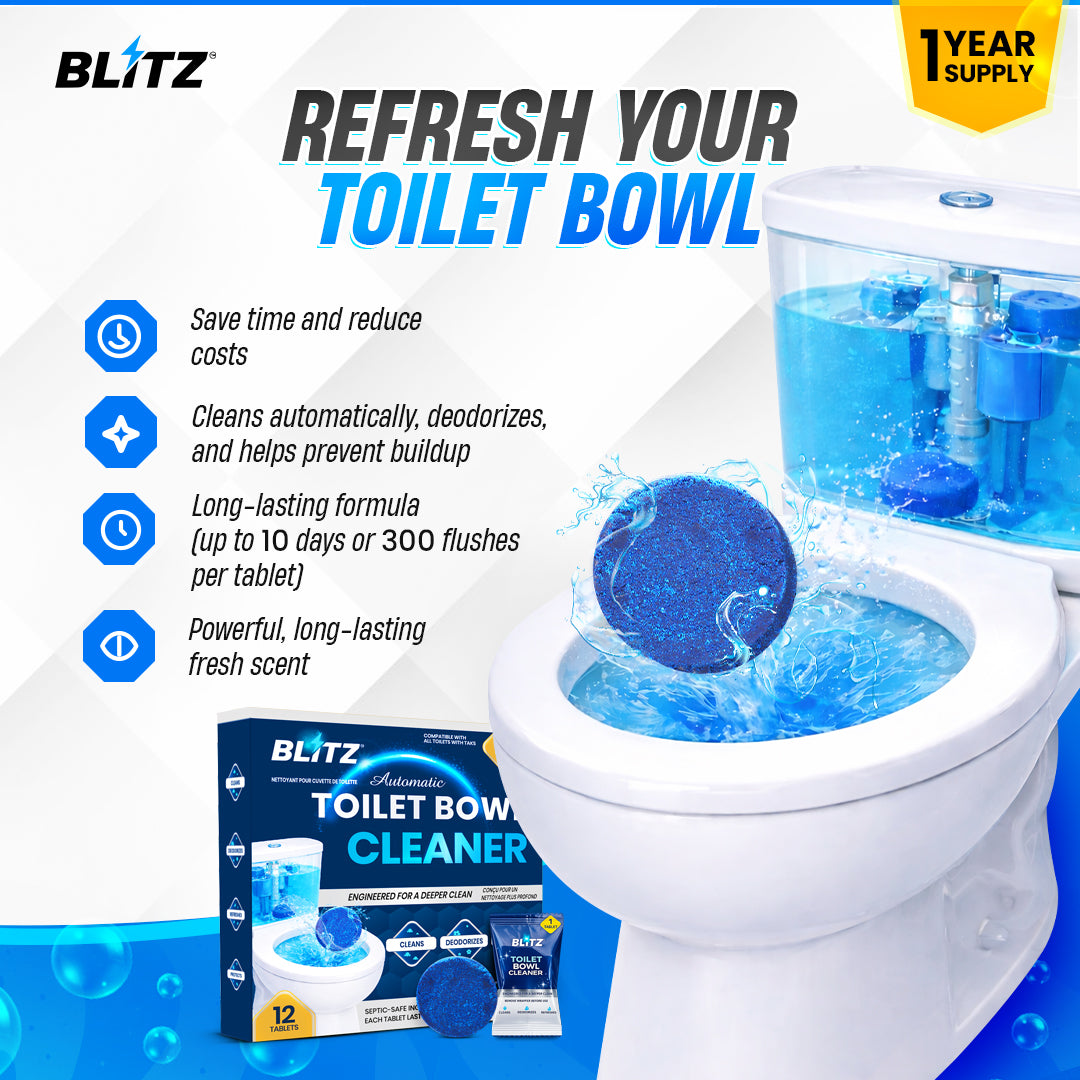 GOBLITZCLEAN BLITZ automatic toilet bowl cleaner appliance, showing the device attached inside a clean toilet bowl.