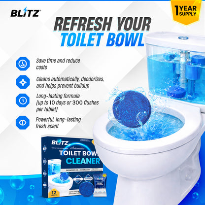GOBLITZCLEAN BLITZ automatic toilet bowl cleaner appliance, showing the device attached inside a clean toilet bowl.