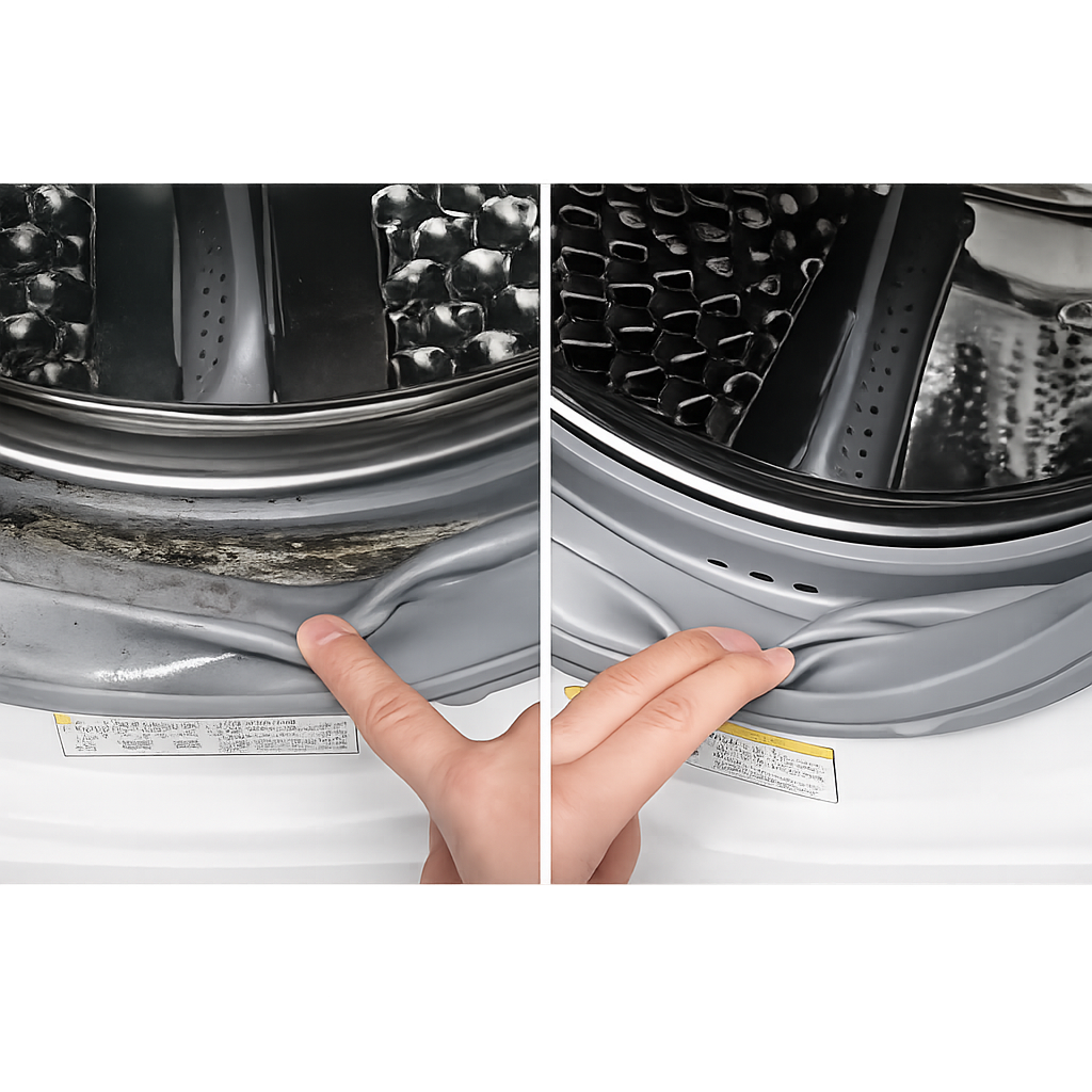 Washer door seal with black mould stains on the left and clean on the right