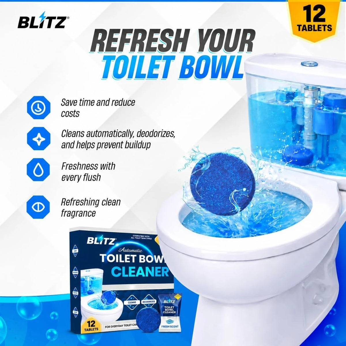 Refresh your toilet bowl: BLITZ Automatic Toilet Bowl Cleaner, 12 tablets, cleans automatically, deodorizes, helps prevent buildup and leaves freshness with every flush