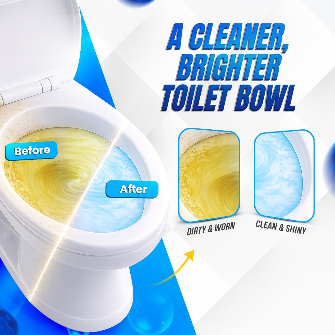 Toilet bowl before and after with BLITZ Automatic Toilet Bowl Cleaner: a cleaner, brighter bowl