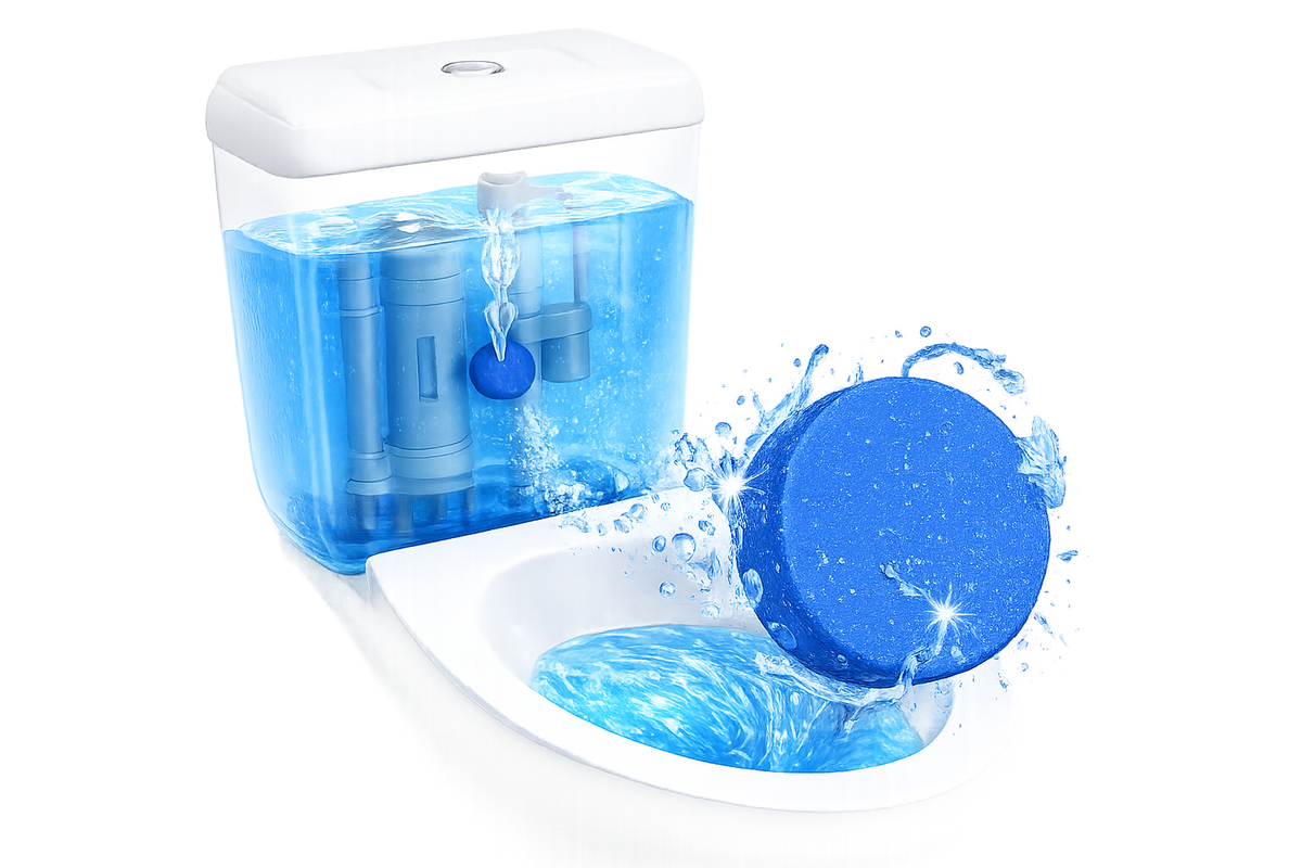 Pastille bleue de nettoyant automatique pour cuvette BLITZ qui se dissout dans le réservoir de la toilette et colore l'eau en bleu