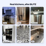 Real photos after BLITZ Ceramic Coating: a range, a French-door fridge, a dishwasher, wall ovens, a granite counter and a stainless sink