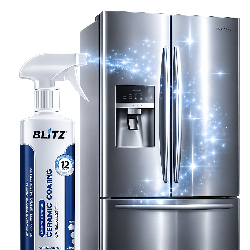 Vaporisateur de revêtement céramique BLITZ à côté d'un réfrigérateur à portes françaises en acier inoxydable étincelant