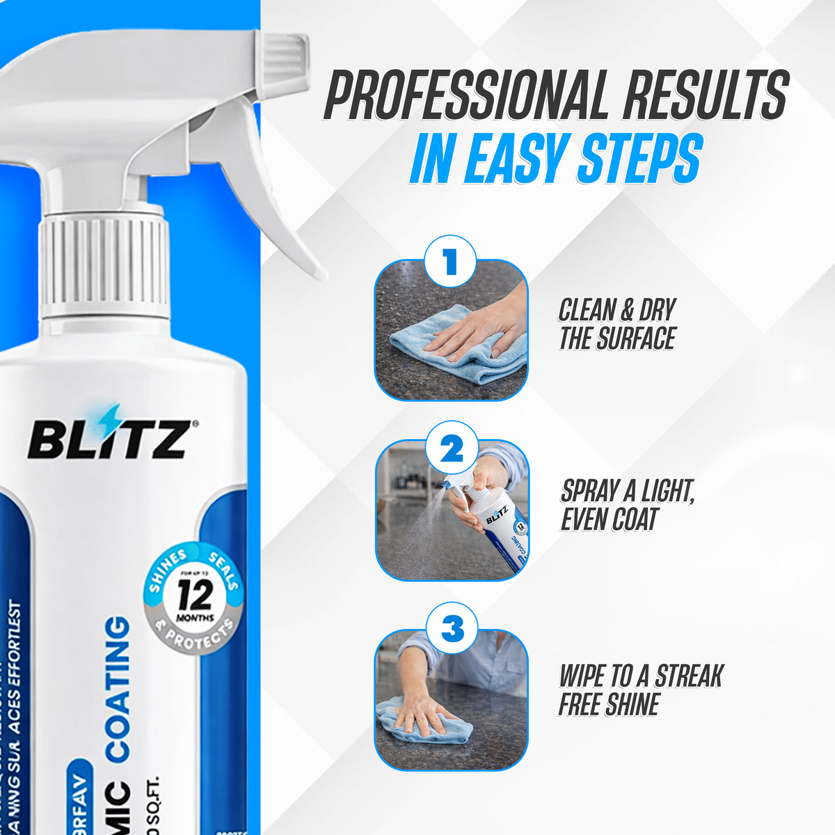 How to use BLITZ Ceramic Coating in 3 steps: clean and dry the surface, spray a light coat, wipe to a glossy finish