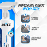 How to use BLITZ Ceramic Coating in 3 steps: clean and dry the surface, spray a light coat, wipe to a glossy finish