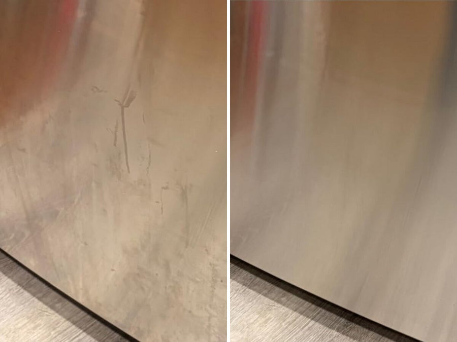Real photos of a stainless steel appliance panel with streaks and smudges, then the same panel even and shiny after BLITZ Ceramic Coating