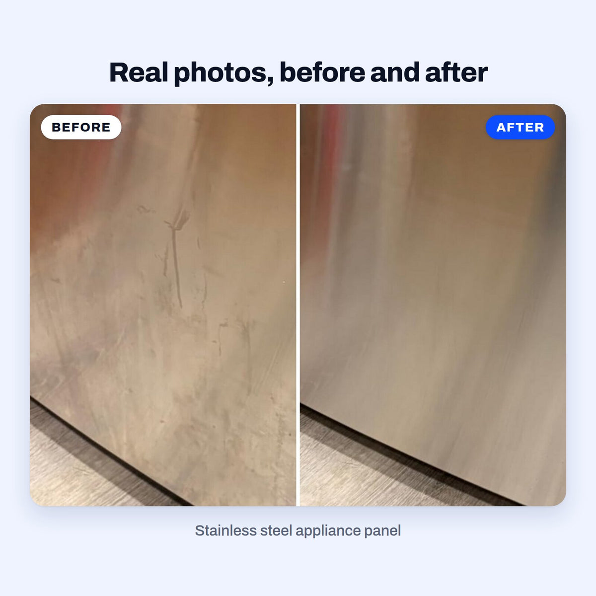 Real photos of a stainless steel appliance panel with streaks and smudges, then the same panel even and shiny after BLITZ Ceramic Coating