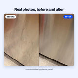 Real photos of a stainless steel appliance panel with streaks and smudges, then the same panel even and shiny after BLITZ Ceramic Coating