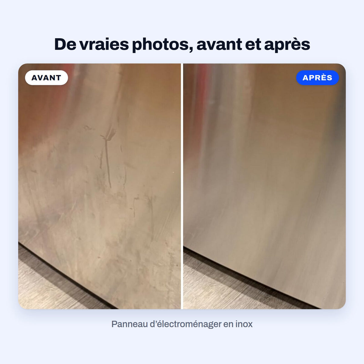 Vraies photos d’un panneau d’électroménager en inox couvert de traces et de taches, puis le même panneau uniforme et brillant après le revêtement céramique BLITZ