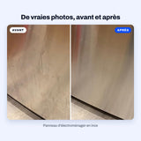 Vraies photos d’un panneau d’électroménager en inox couvert de traces et de taches, puis le même panneau uniforme et brillant après le revêtement céramique BLITZ