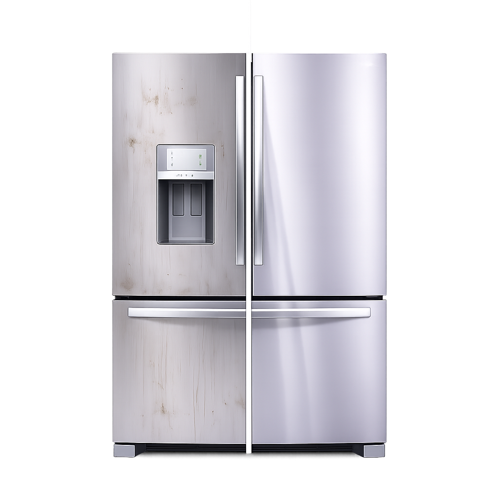 Stainless steel fridge with smudges on the left and shiny on the right