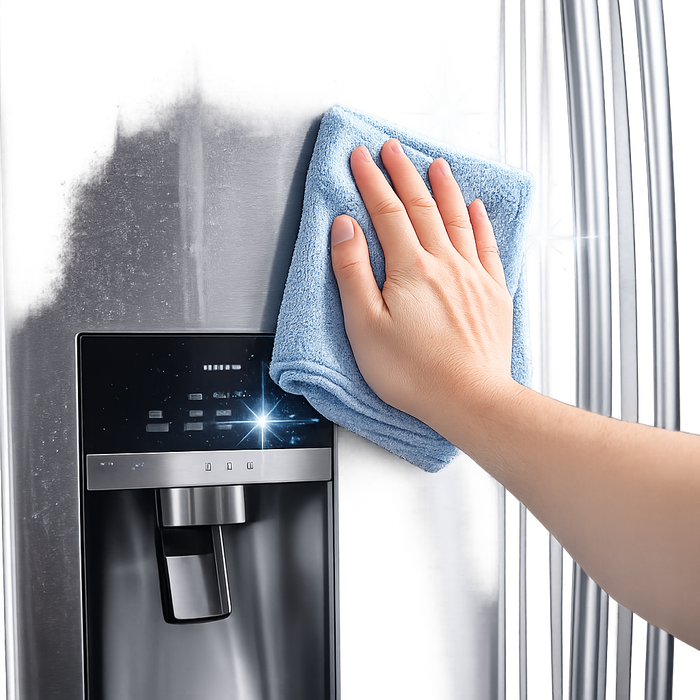 Main qui essuie une porte de réfrigérateur en acier inoxydable propre et sèche avec un linge en microfibre avant d'appliquer le revêtement céramique BLITZ