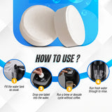Four-step guide for BLITZ Coffee Maker Cleaner: fill the water tank, drop one tablet into the water, run a brew or descale cycle without coffee, then rinse with fresh water