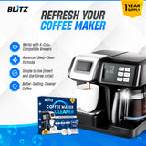BLITZ Coffee Maker Cleaner, a 1-year supply, next to a coffee maker: for K-Cup compatible brewers, deep cleans for better-tasting coffee