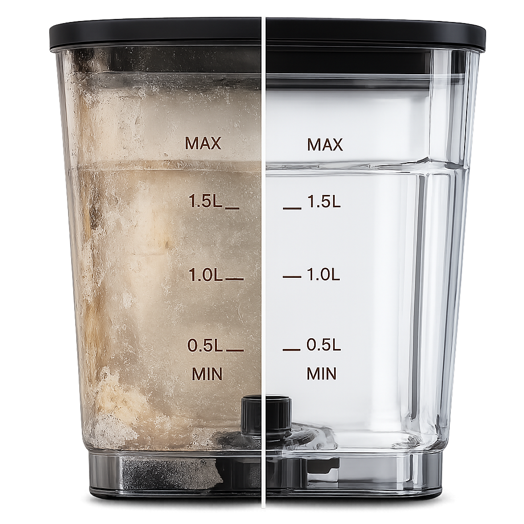 Coffee maker reservoir with limescale on the left and clear on the right