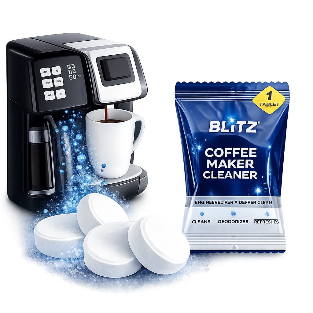 BLITZ Coffee Maker Cleaner pouch and white tablets beside a single-serve coffee maker brewing into a mug