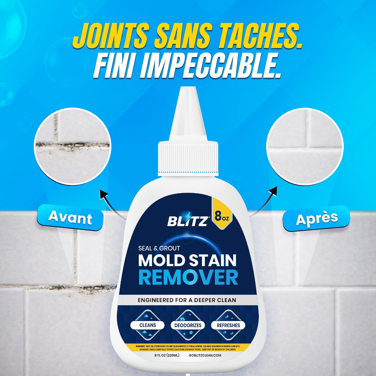 Joints de carrelage tachés avant et propres après le détachant anti-moisissure BLITZ