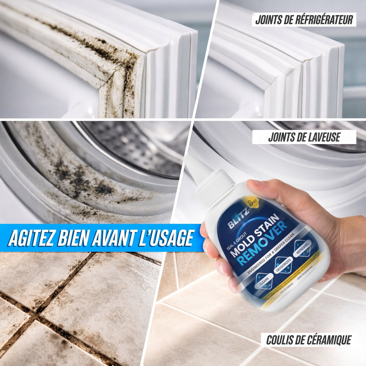 Joints de réfrigérateur, joints de laveuse et coulis de céramique tachés, avec la bouteille de détachant anti-moisissure BLITZ : agitez bien avant l’usage